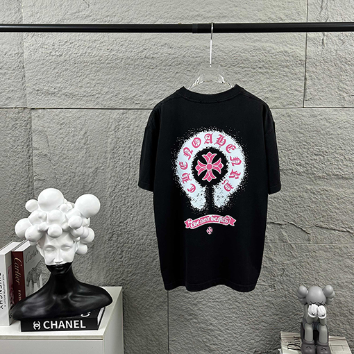 クロムハーツ クラシックなダメージヴィンテージ風の刺繍入り熱転写プリントの半袖Tシャツ
