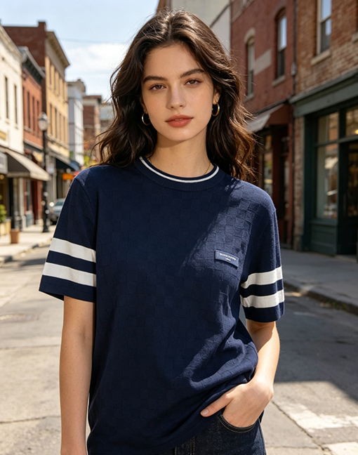 ルイヴィトンコピー LOUIS VUITTON チェック柄ニットのクルーネック半袖Tシャツ