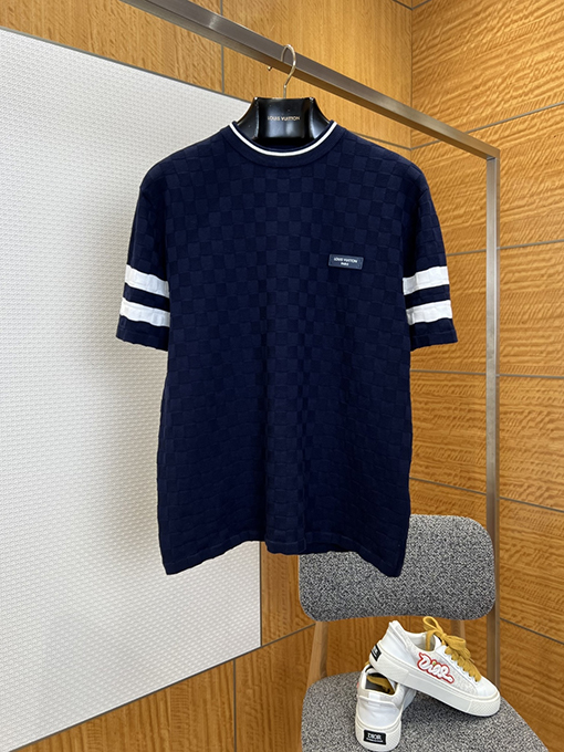 ルイヴィトンコピー LOUIS VUITTON チェック柄ニットのクルーネック半袖Tシャツ
