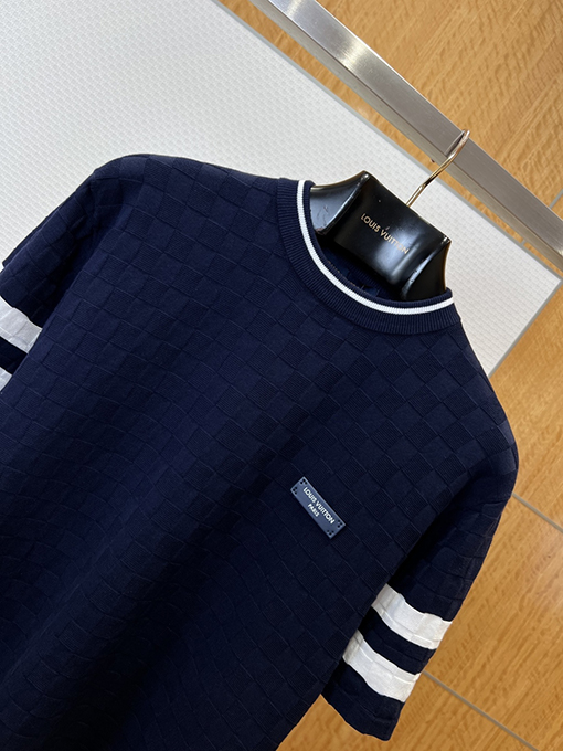 ルイヴィトンコピー LOUIS VUITTON チェック柄ニットのクルーネック半袖Tシャツ