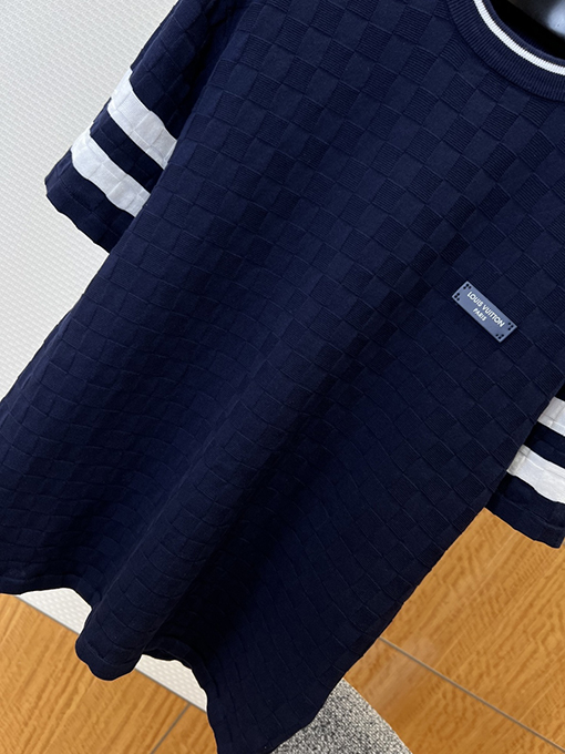 ルイヴィトンコピー LOUIS VUITTON チェック柄ニットのクルーネック半袖Tシャツ