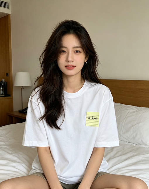 アミコピー JE T'AIME 付箋柄プリントのクルーネック半袖Tシャツ