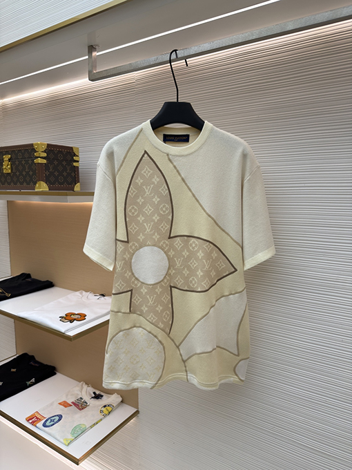 ルイヴィトン 文字と花柄のジャカード織りカラーブロックニット半袖Tシャツ