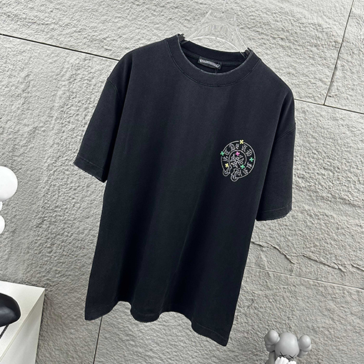 クロムハーツスーパーコピー クラシックなダメージヴィンテージスタイル3Dラインストーンパッチワークの半袖Tシャツ