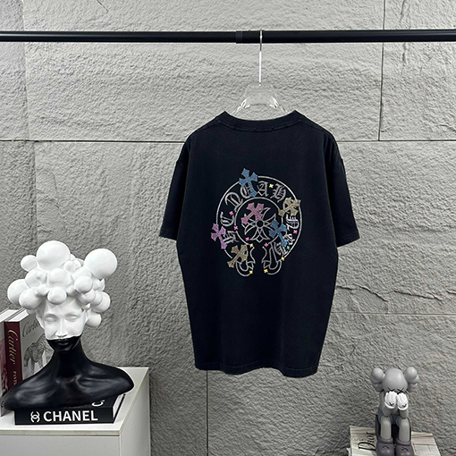 クロムハーツスーパーコピー クラシックなダメージヴィンテージスタイル3Dラインストーンパッチワークの半袖Tシャツ
