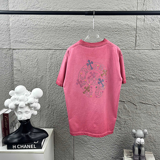 クロムハーツスーパーコピー クラシックなダメージヴィンテージスタイル3Dラインストーンパッチワークの半袖Tシャツ