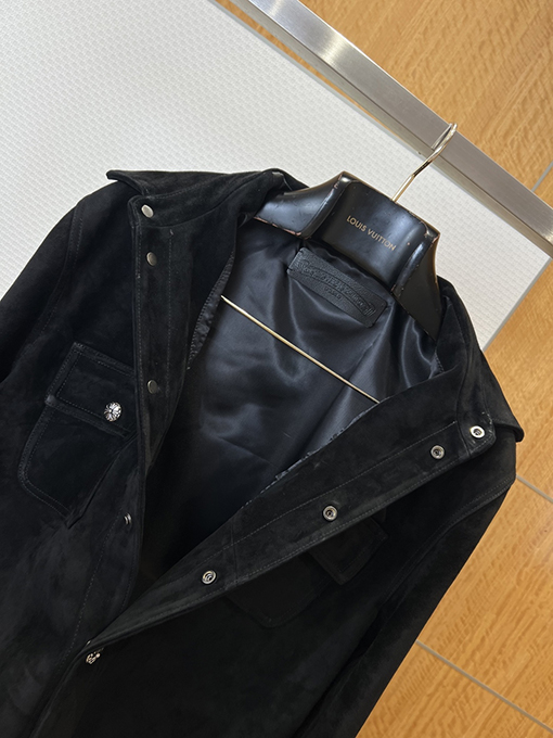 クロムハーツスーパーコピー 黒のスエードのラペルが付いたワークウェアジャケット