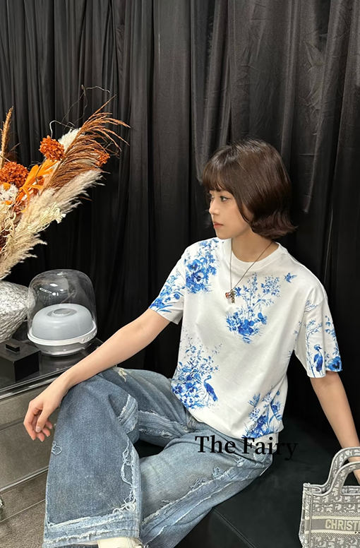 ディオール レディースクラシックなブルーとホワイト器風花鳥柄プリント半袖Tシャツ
