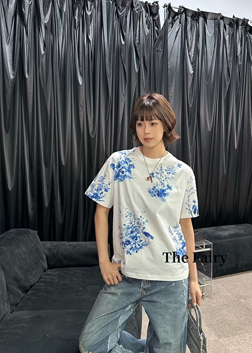 ディオール レディースクラシックなブルーとホワイト器風花鳥柄プリント半袖Tシャツ