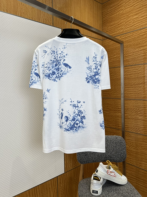 ディオール レディースクラシックなブルーとホワイト器風花鳥柄プリント半袖Tシャツ