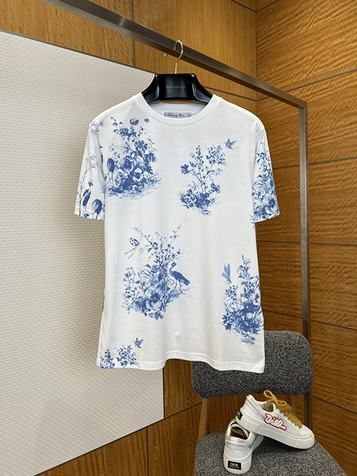 ディオール レディースクラシックなブルーとホワイト器風花鳥柄プリント半袖Tシャツ