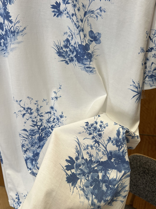 ディオール レディースクラシックなブルーとホワイト器風花鳥柄プリント半袖Tシャツ