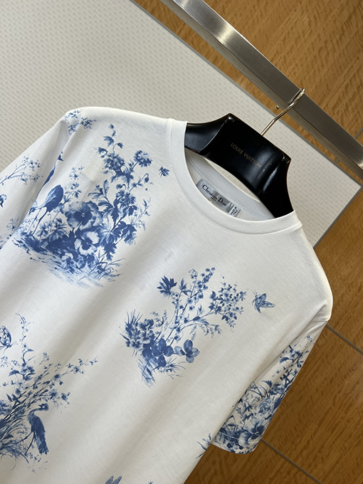 ディオール レディースクラシックなブルーとホワイト器風花鳥柄プリント半袖Tシャツ