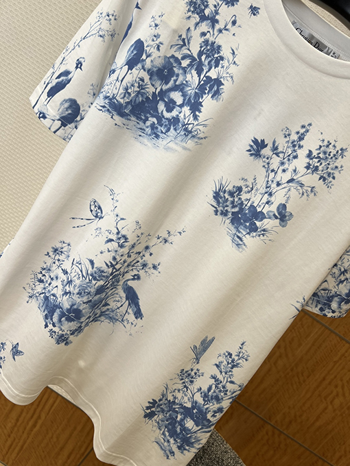 ディオール レディースクラシックなブルーとホワイト器風花鳥柄プリント半袖Tシャツ