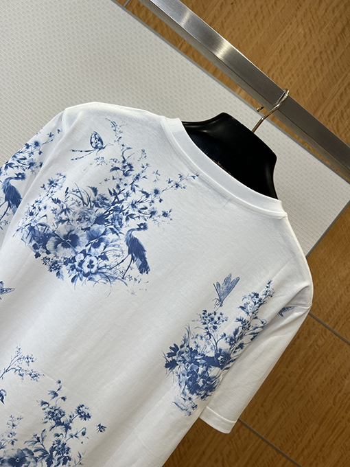 ディオール レディースクラシックなブルーとホワイト器風花鳥柄プリント半袖Tシャツ