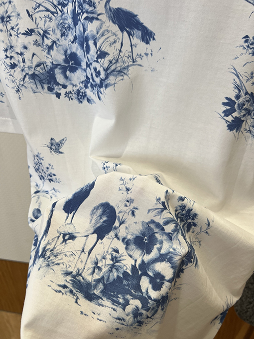 ディオール レディースクラシックなブルーとホワイト器風花鳥柄プリント半袖Tシャツ