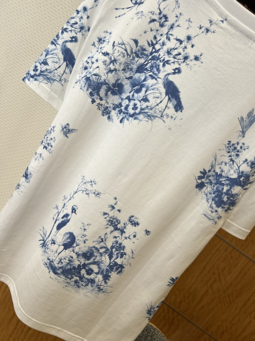 ディオール レディースクラシックなブルーとホワイト器風花鳥柄プリント半袖Tシャツ