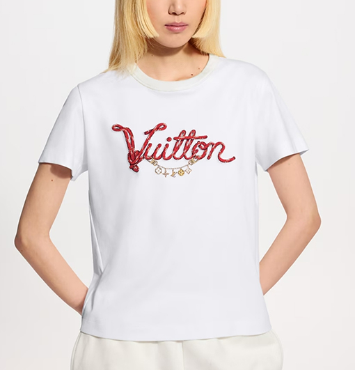 ルイヴィトンスーパーコピー レディース赤いドローストリングプリントのクルーネック半袖Tシャツ