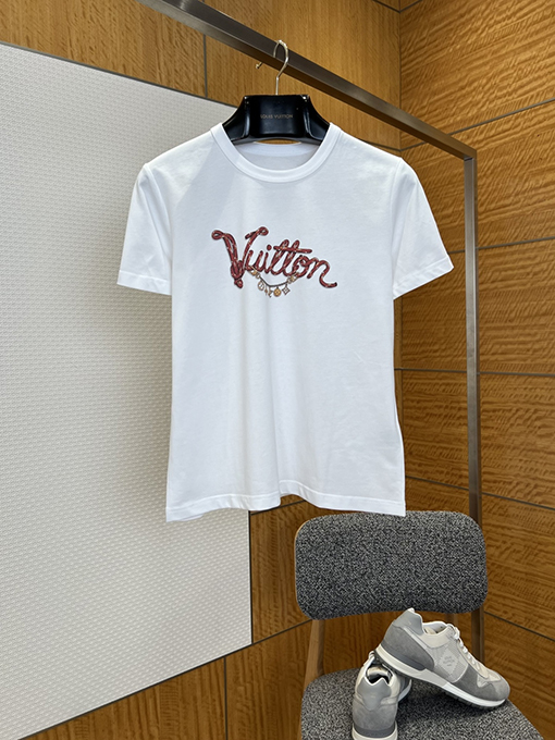 ルイヴィトンスーパーコピー レディース赤いドローストリングプリントのクルーネック半袖Tシャツ