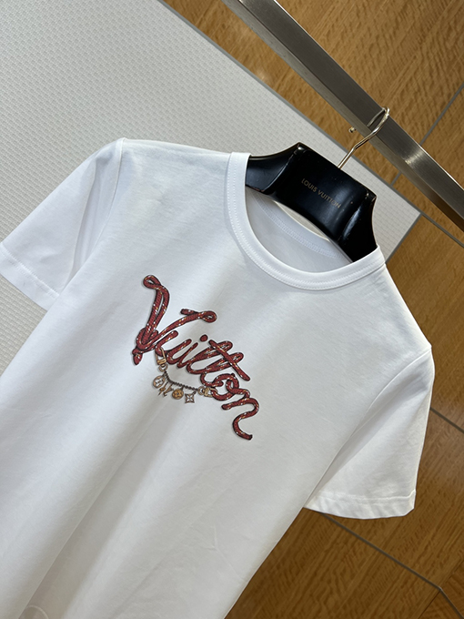 ルイヴィトンスーパーコピー レディース赤いドローストリングプリントのクルーネック半袖Tシャツ