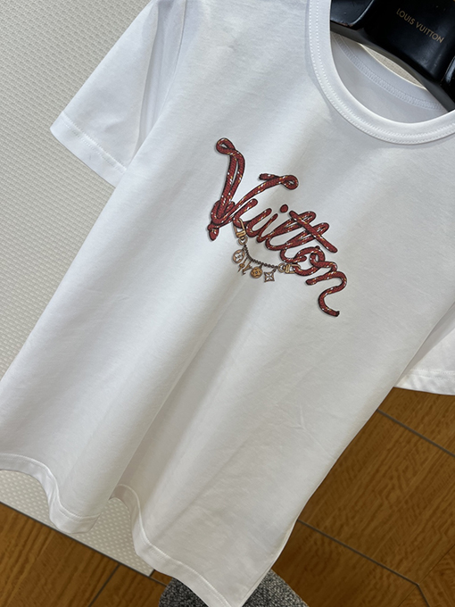 ルイヴィトンスーパーコピー レディース赤いドローストリングプリントのクルーネック半袖Tシャツ