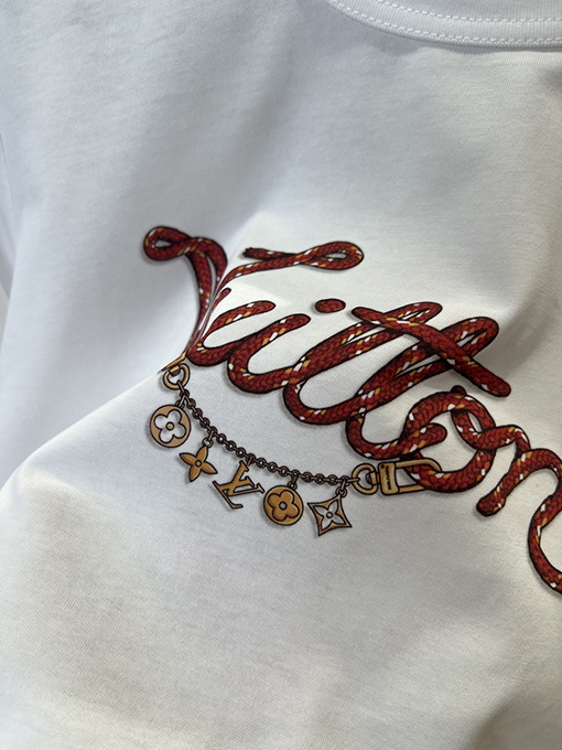 ルイヴィトンスーパーコピー レディース赤いドローストリングプリントのクルーネック半袖Tシャツ