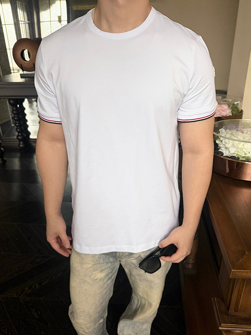 モンクレール スーパーコピーロゴ入りトリコロールトリトリムコットン半袖Tシャツ