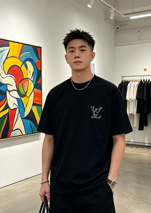 ルイヴィトンスーパーコピー LV 刺繍ロゴ入りクルーネック半袖Tシャツ