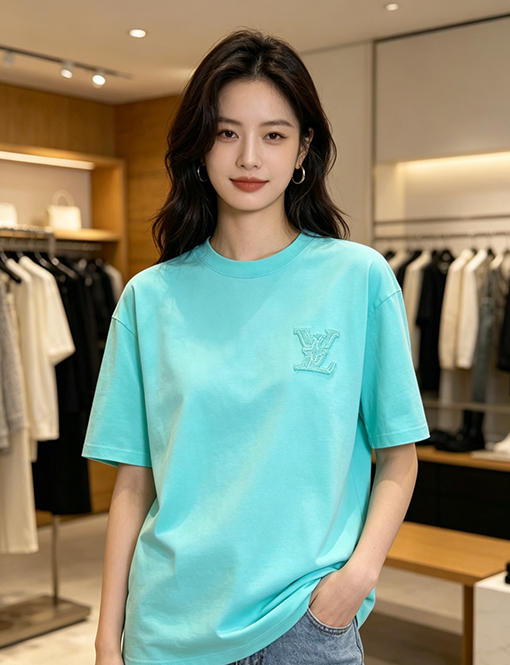 ルイヴィトンスーパーコピー LV 刺繍ロゴ入りクルーネック半袖Tシャツ