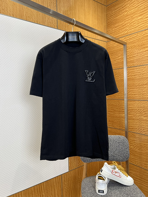 ルイヴィトンスーパーコピー LV 刺繍ロゴ入りクルーネック半袖Tシャツ