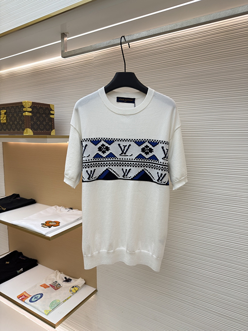 ルイヴィトン 文字ジャカード柄のカラーブロックニット半袖Tシャツ