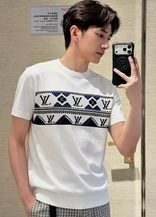 ルイヴィトン 文字ジャカード柄のカラーブロックニット半袖Tシャツ