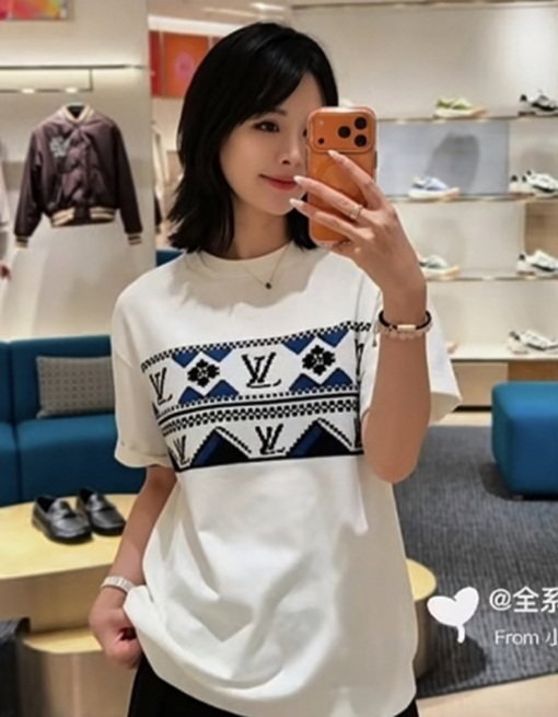 ルイヴィトン 文字ジャカード柄のカラーブロックニット半袖Tシャツ