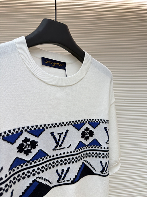 ルイヴィトン 文字ジャカード柄のカラーブロックニット半袖Tシャツ
