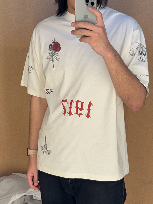 バレンシアガコピー 1917 TATTOO タトゥー柄のニット半袖Tシャツ