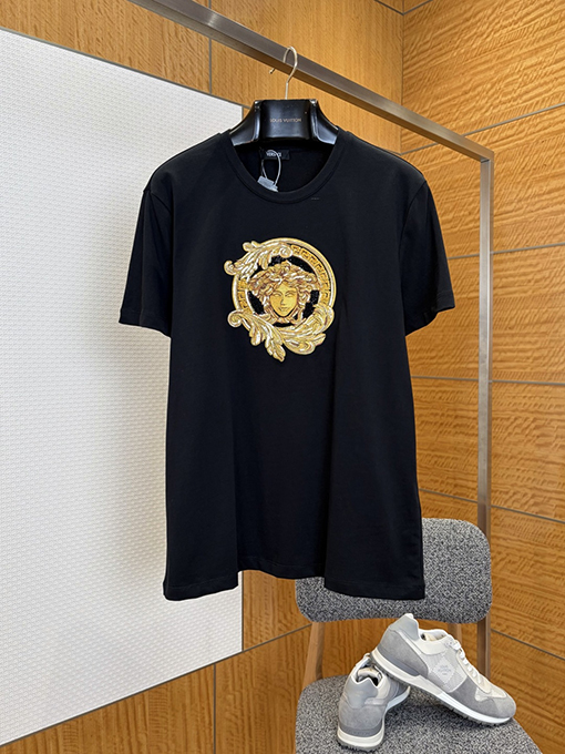 ヴェルサーチコピー メデューサ刺繍入りクルーネック半袖Tシャツ