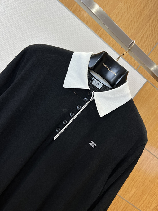 セリーヌ 刺繍入りカラーブロック襟付きニット半袖ポロシャツ