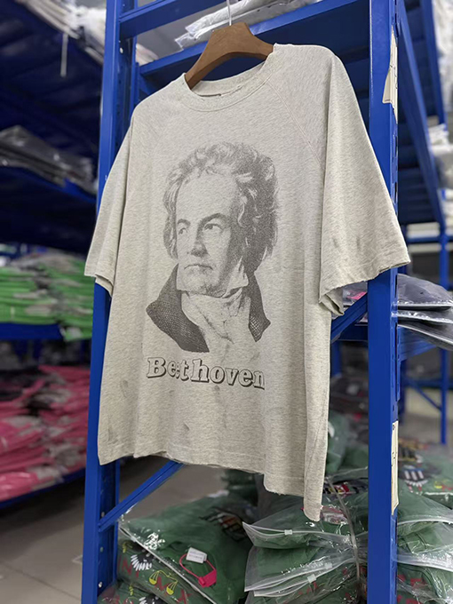 セントマイケルコピー BEETHORVEN ネックアセンブリプリントウォッシュダメージ手描きスプラッター 半袖Tシャツ