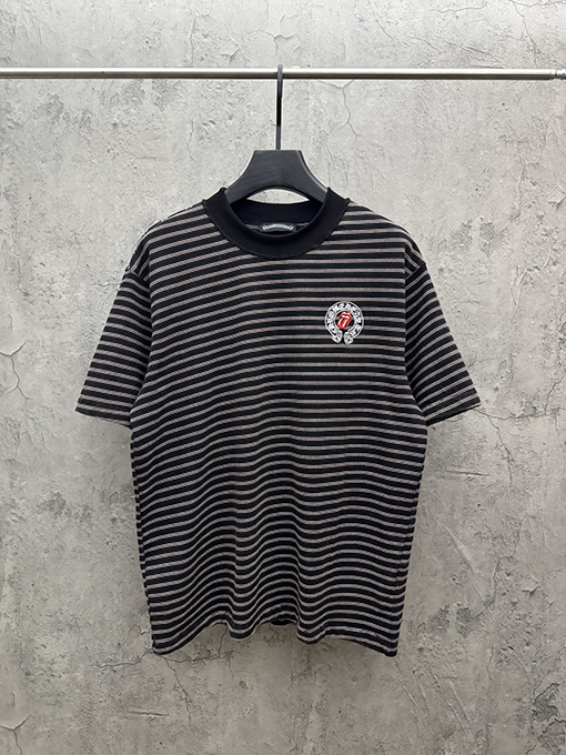 クロムハーツ ストライプ刺繍入りリバースリブ半袖Tシャツ