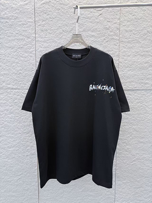 バレンシアガスーパーコピー 手描きインクスプラッシュ柄ラウンドネック半袖Tシャツ