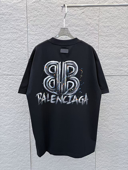 バレンシアガスーパーコピー 手描きインクスプラッシュ柄ラウンドネック半袖Tシャツ