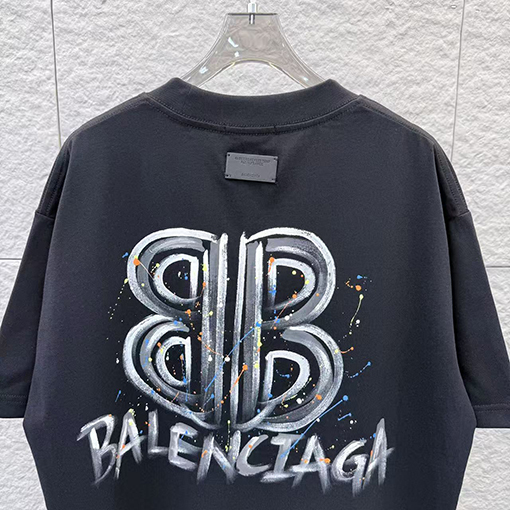 バレンシアガスーパーコピー 手描きインクスプラッシュ柄ラウンドネック半袖Tシャツ