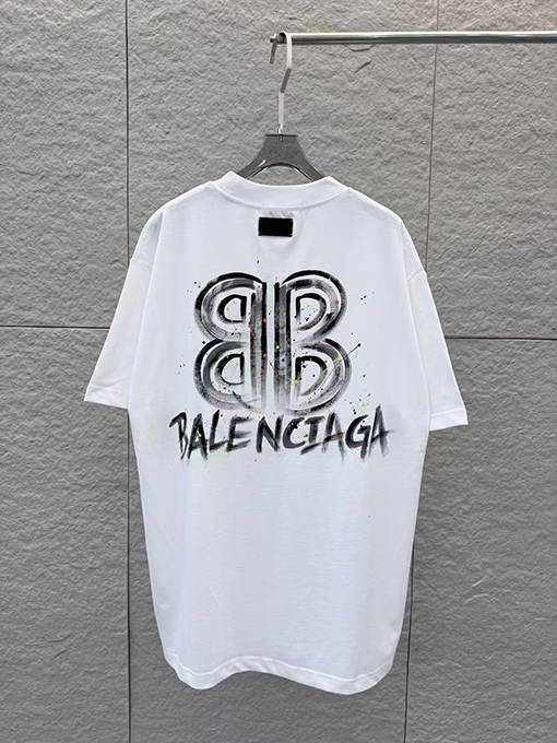 バレンシアガスーパーコピー 手描きインクスプラッシュ柄ラウンドネック半袖Tシャツ
