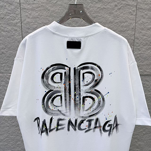 バレンシアガスーパーコピー 手描きインクスプラッシュ柄ラウンドネック半袖Tシャツ