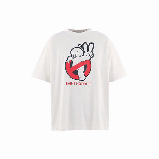 セントマイケルスーパーコピー SAINT HORROR クラシックな漫画風ゴースト柄の赤い禁酒法シンボル入り半袖Tシャツ