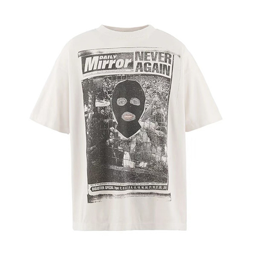 セントマイケルコピー NEVER AGAIN 新聞風マスク姿のポートレートコラージュプリント半袖Tシャツ