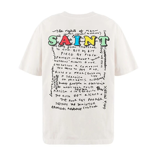 セントマイケルコピー NEVER AGAIN 新聞風マスク姿のポートレートコラージュプリント半袖Tシャツ