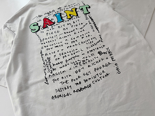 セントマイケルコピー NEVER AGAIN 新聞風マスク姿のポートレートコラージュプリント半袖Tシャツ