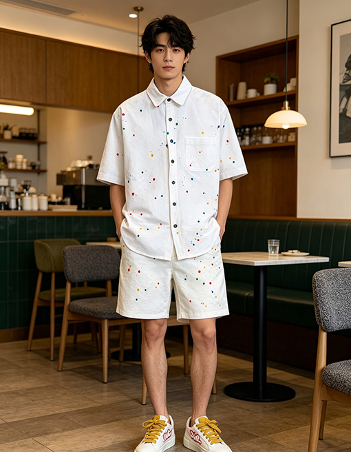 グッチコピー インクが飛び散ったジャカード織りの半袖シャツとショートパンツのセット