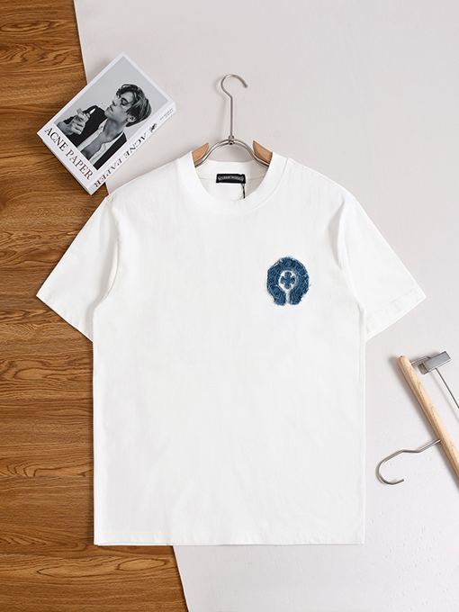 クロムハーツコピー デニムパッチウォッシュのクロスと蹄鉄の花柄半袖Tシャツ